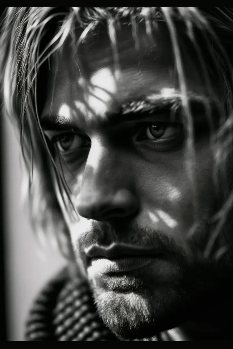 Kurt Cobain, portrait photography, 3 quarter lighting, depth of field, f2.8, 50mm lens, exquisite detail, intricately-detailed, award-winning photography, high-contrast, High-sharpness
